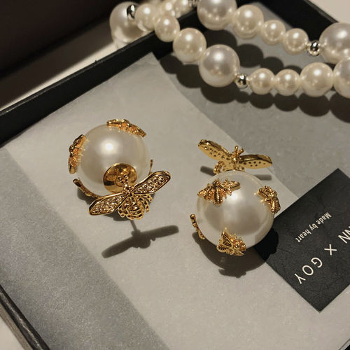 澳白小蜜蜂水晶珍珠耳钉女