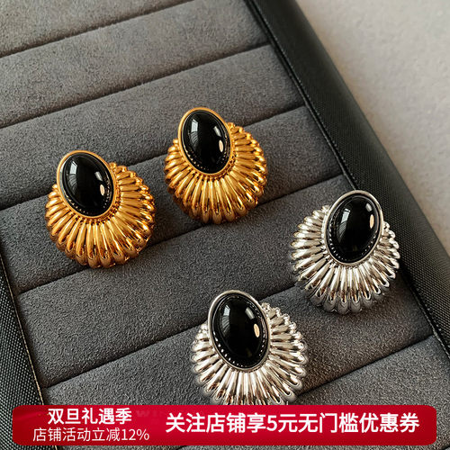 999纯银黑色玛瑙耳钉女