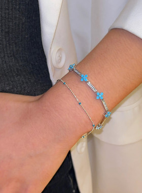 天然绿松石镶钻四叶草手链女