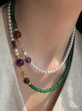 双层叠戴绿色玉髓珍珠项链女