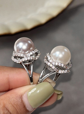 施家华子大珍珠戒指女款轻奢高级感开口可调节小众设计时尚食指环