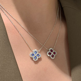 满钻爆闪彩色幸运四叶草项链女款轻奢高级感不掉色锆石锁骨毛衣链