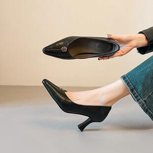 女鞋 复古真皮单鞋 黑色一脚蹬通勤浅口单鞋 2026新款 7cm细跟高跟鞋