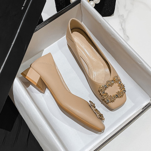 2026新款软底羊皮中跟单鞋女百搭真皮粗跟奶奶鞋浅口晚晚风温柔鞋