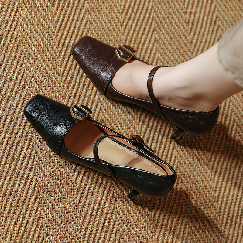 单鞋女士方头浅口高粗跟玛丽珍羊皮带扣--2026新款春秋冬法式黑色