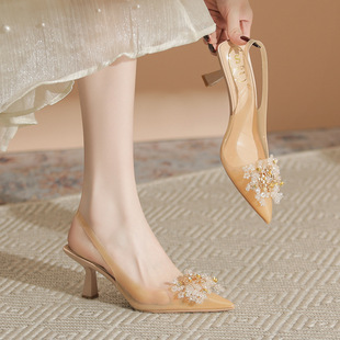 法式透明后空高跟鞋女2026夏季新款水钻包头凉鞋粗跟不累脚单鞋女