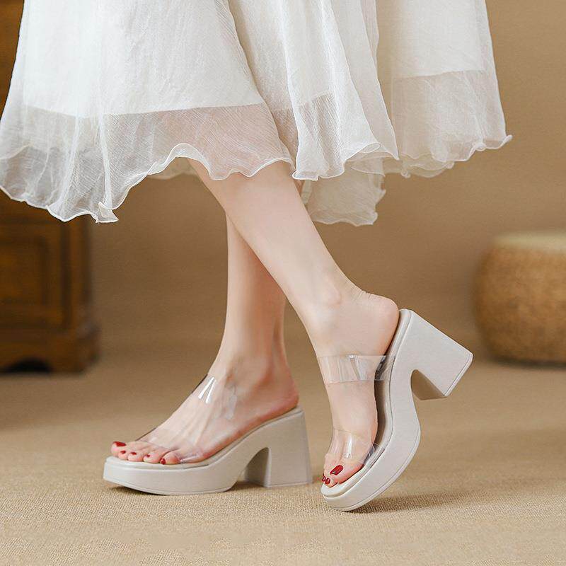 高级感高跟拖鞋女2025夏季新款一字透明带时尚粗跟超火增高凉拖鞋