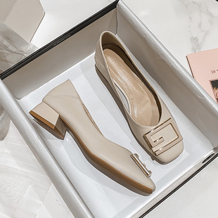 2026新款软底羊皮中跟单鞋女百搭真皮粗跟奶奶鞋浅口晚晚风温柔鞋