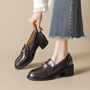 时尚百搭舒适复古风一脚蹬乐福鞋女厚底粗跟圆头单鞋英伦风小皮鞋