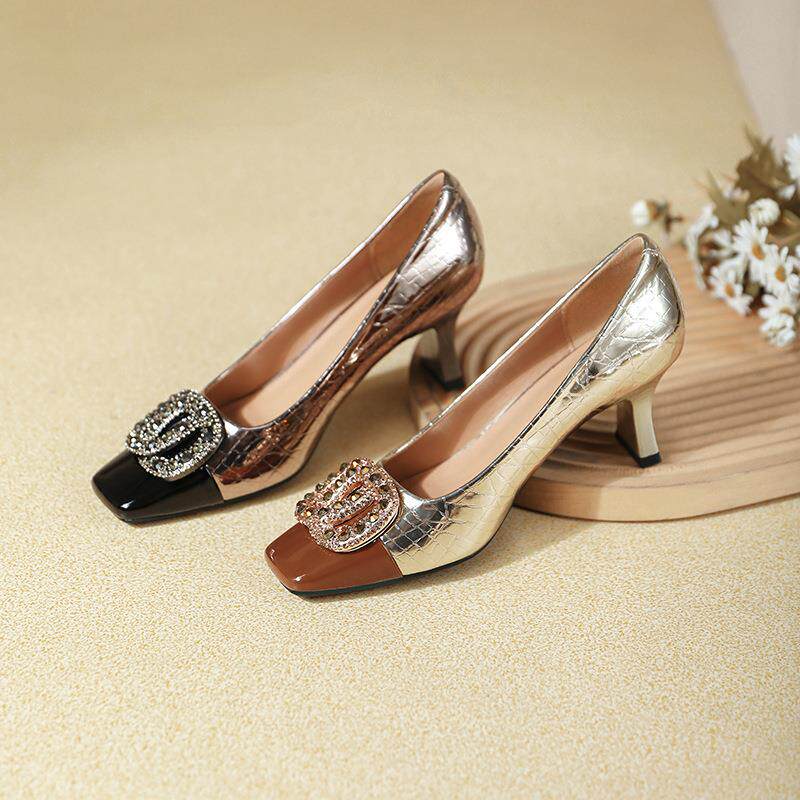法式拼色高跟鞋不累脚2026新款春秋季女鞋方头小高跟水钻浅口单鞋