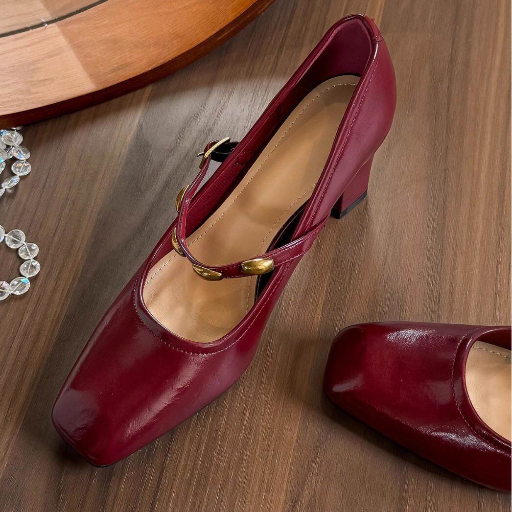 现货~真皮2026新款黑色铆钉玛丽珍鞋子女方头粗跟单鞋女高跟鞋7cm