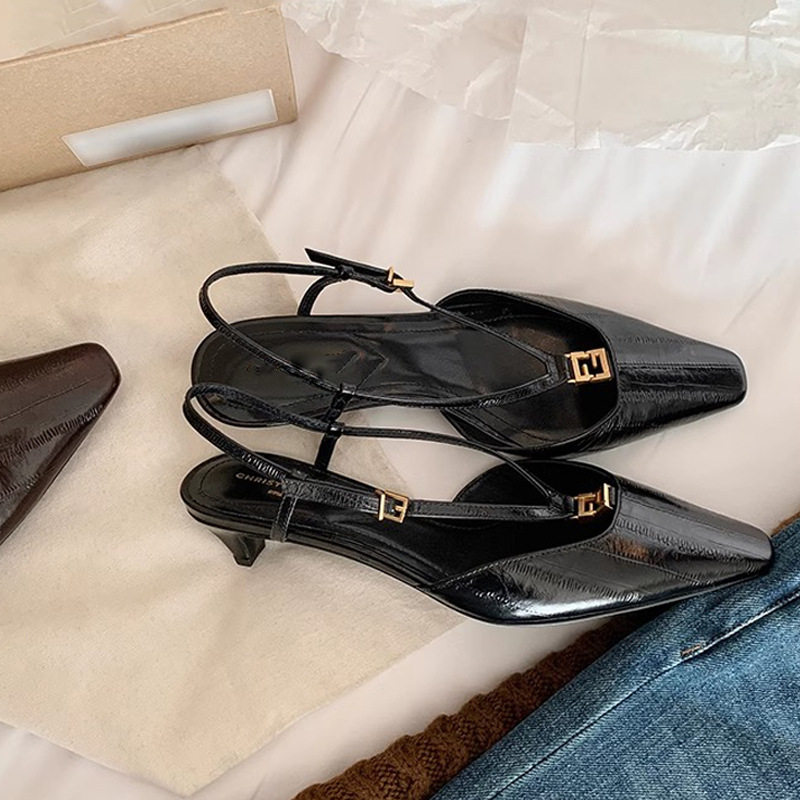 网红同款京圈富美时尚百搭方头小金扣鳗鱼纹小猫跟后空凉鞋女夏季,女鞋,时装凉鞋,淘宝优惠券,粉丝福利购,淘宝优惠卷