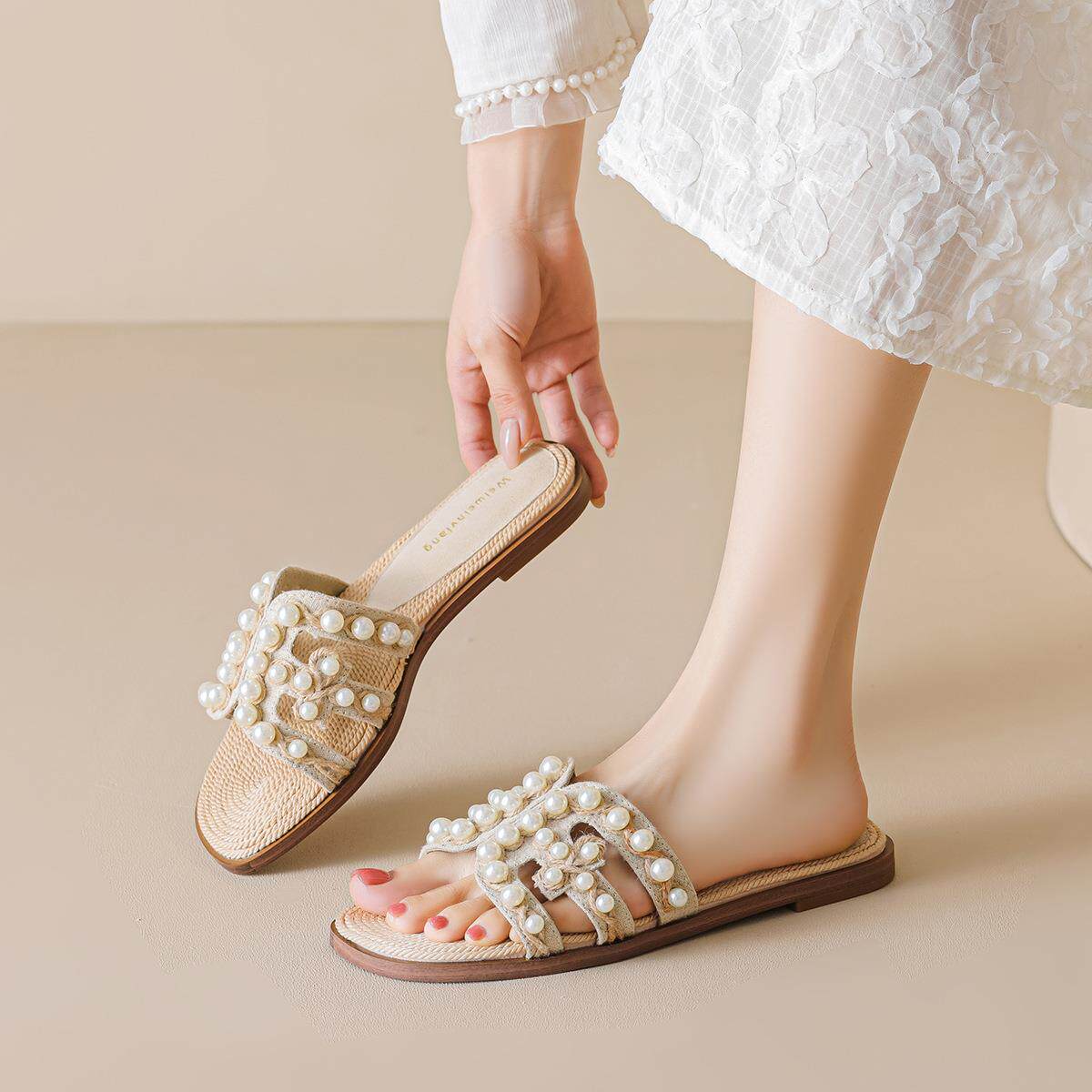 时尚百搭法式晚风草编珍珠沙滩凉拖鞋平底拖鞋女夏外穿编织高级感