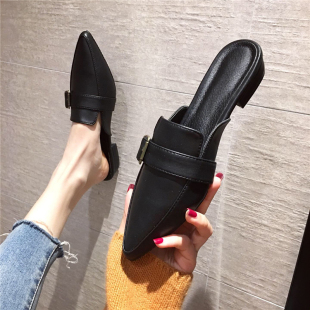 2026真皮尖头平底半托单鞋百搭包头半拖鞋女夏外穿时尚穆勒鞋凉拖