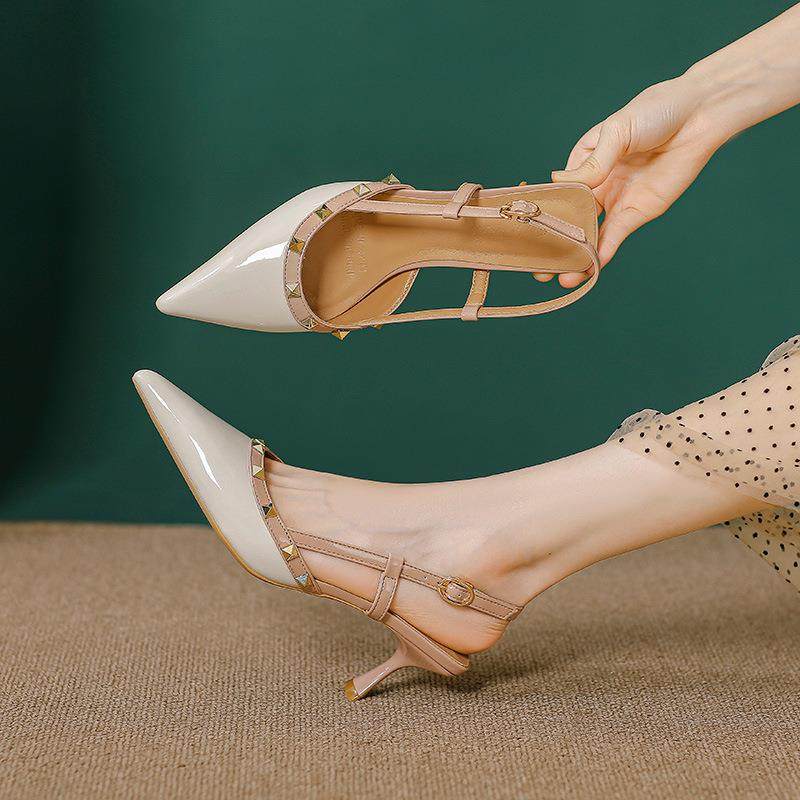 包头凉鞋女2026年新款铆钉一字扣带仙女风后空单鞋尖头高跟鞋细跟,女鞋,一字带凉鞋,淘宝优惠券,粉丝福利购,淘宝优惠卷