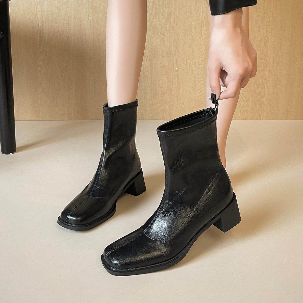 2026秋冬新款时尚百搭静音底短靴通勤高跟弹力瘦瘦靴软底复古女靴