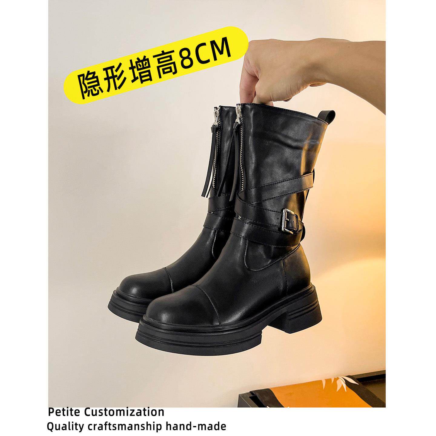 内增高马丁靴女英伦2026新款秋冬黑色前拉链小个子复古高跟中筒靴