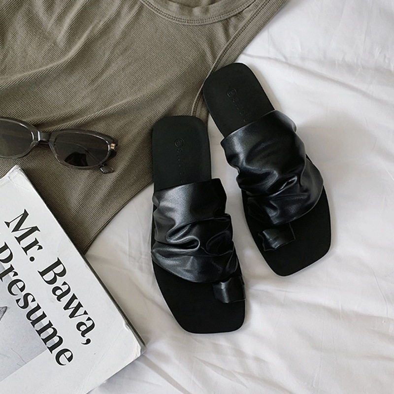 网红2026年春夏季新款设计感方头褶皱堆堆平底夹趾拖鞋女外穿凉鞋,女鞋,时装凉鞋,淘宝优惠券,粉丝福利购,淘宝优惠卷