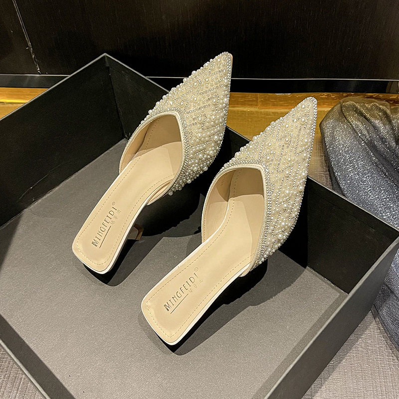 2026新款夏季网红水钻半拖鞋包头凉拖高跟拖鞋女外穿时尚细跟尖头