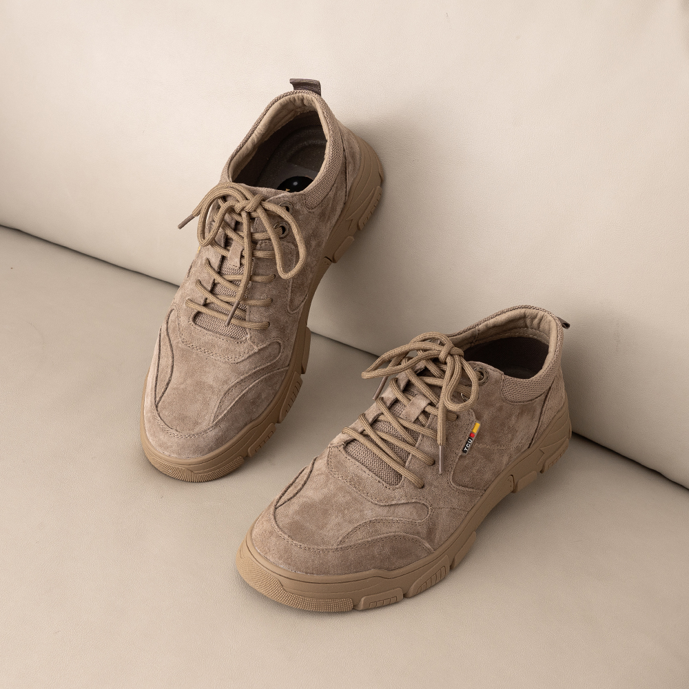 撤柜款！简约大气猪皮休闲皮鞋浅卡其色舒适工装户外不闷脚系带鞋