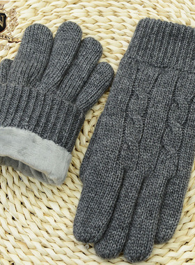 罗欧蒂斯秋冬季男士加绒加厚保暖羊毛触屏手套拧花针织毛线手套