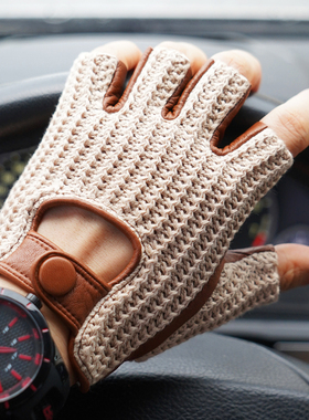 罗欧蒂斯男女复古骑行驾驶开车手套半指编织背防滑摩托车羊皮手套