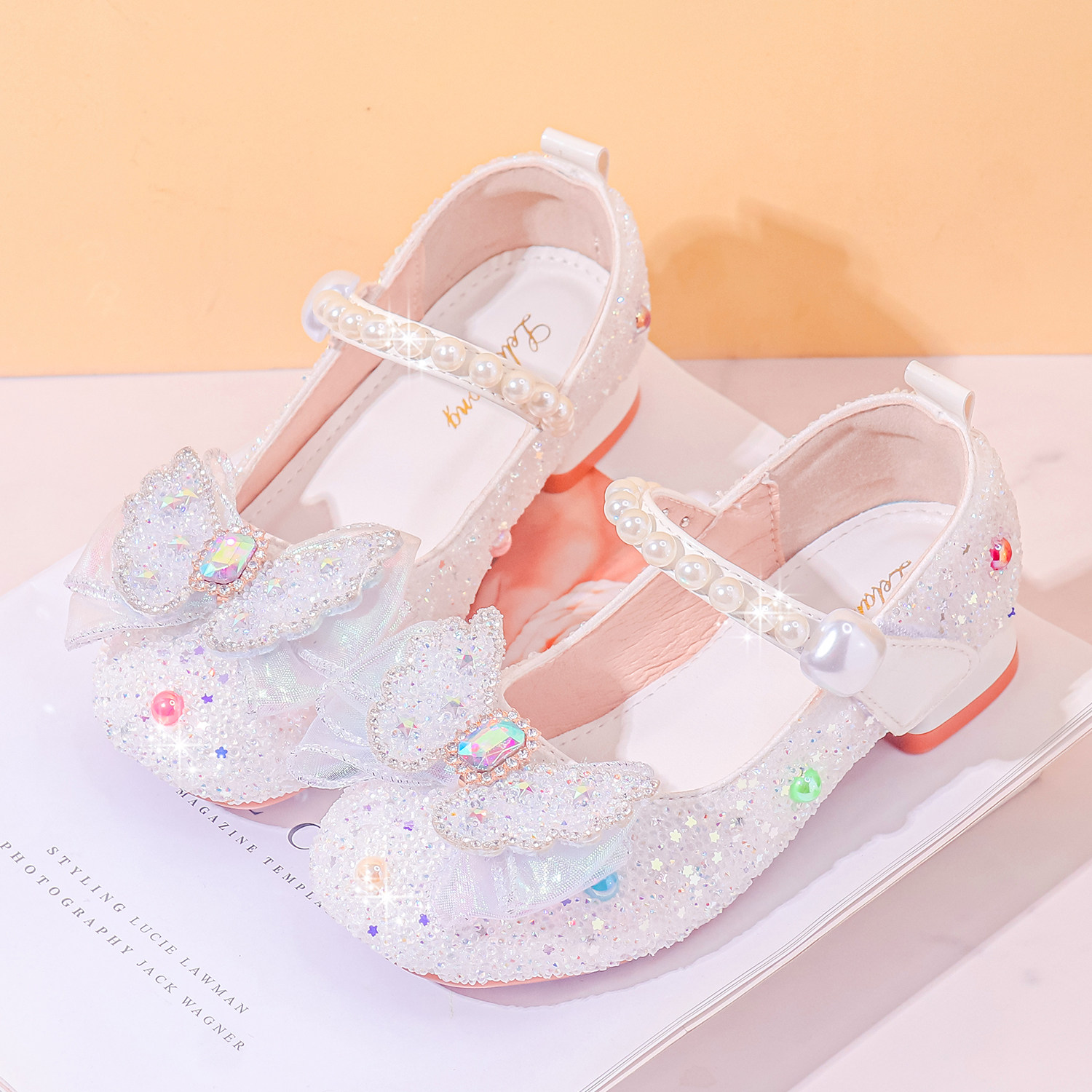 女童公主鞋亮片水晶鞋魔术贴舞蹈鞋3-12岁女孩单鞋珍珠儿童高跟鞋