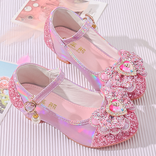 走秀主持礼服皮鞋 女童高跟鞋 春秋女孩水晶鞋 新款 儿童爱莎公主鞋
