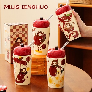 苹果马克杯女带盖陶瓷杯高颜值家用水杯生日礼物红色杯子