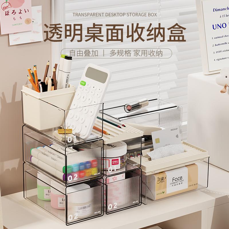 桌面收纳盒透明抽屉式学生文具化妆品杂物整理盒长方形工位置物架
