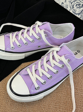 浅紫色低帮时尚青春潮流韩版系带平底透气港风百搭学院休闲帆布鞋