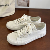 百搭学院系带休闲帆布鞋 款 青春潮流港风小众复古经典 米色低帮时尚