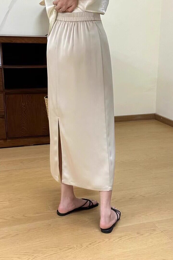 韩版大码缎面直筒中长款长裙百搭