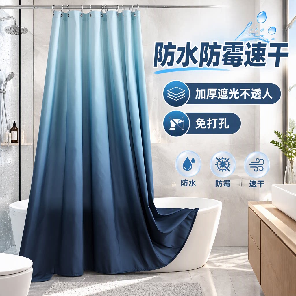 浴室卫生间防水防霉速干浴帘免打孔加厚干湿分离隔断遮光淋浴帘子
