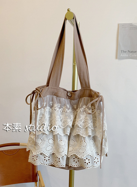 C2211蕾丝边侧边抽绳一粒扣单肩包