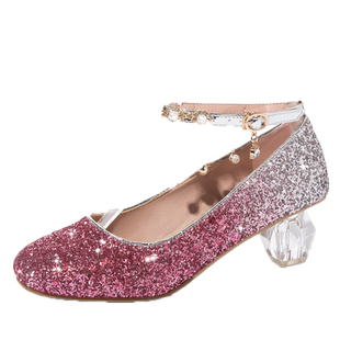 春季女童高跟鞋小女孩粉色水晶鞋走秀表演出亮片童鞋子儿童公主鞋