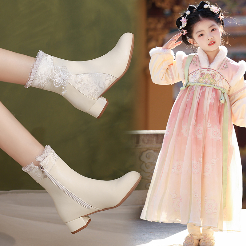 2025秋冬季新款甜美女童短靴子儿童旗袍汉服国风高跟鞋演出马丁靴