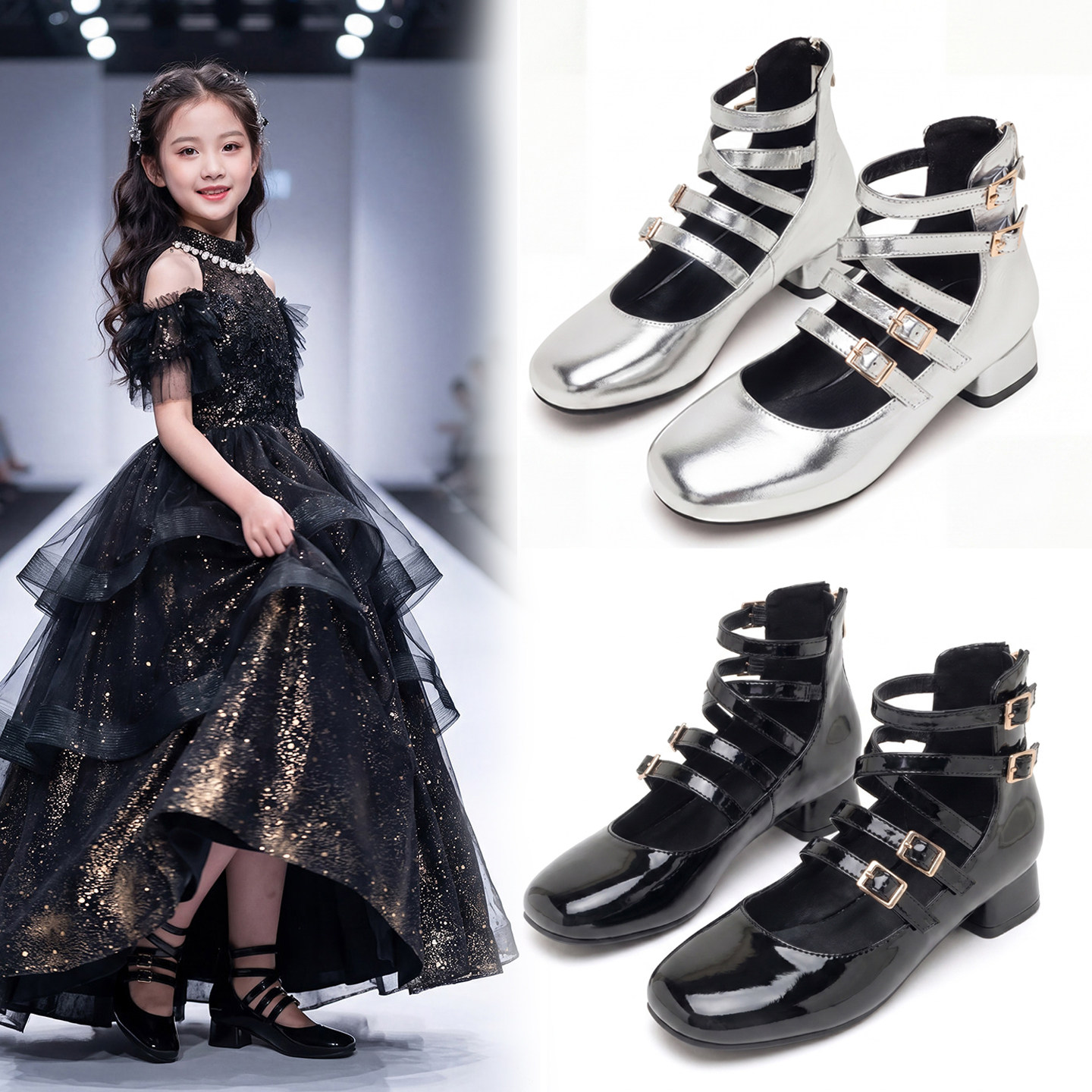 女童银色高跟单鞋礼服鞋走秀高帮公主鞋模特T台表演出小女孩皮鞋