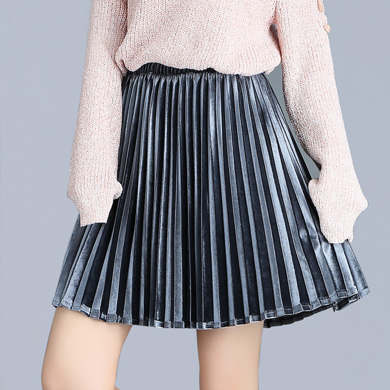 金丝绒百褶半身裙春秋2020新款a字短裙黑色裙子女中长款小个子