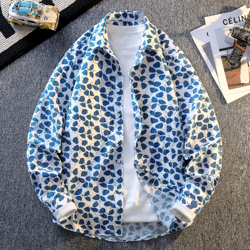 春夏季新款纯棉碎花长袖衬衫男薄款潮流宽松休闲百搭痞帅衬衣外套