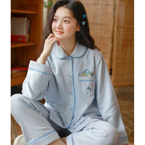 高工秋季甜美可爱刺绣女士睡衣女纯棉磨毛家居服套装格子长袖