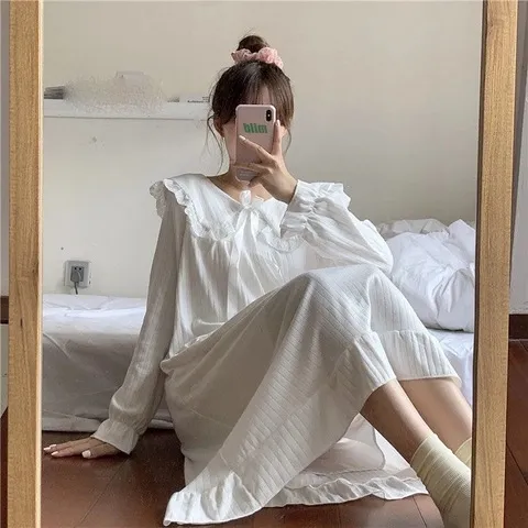 过膝家居服娃娃领宫廷ins风韩版睡裙春秋季女仙女睡衣长袖公主风