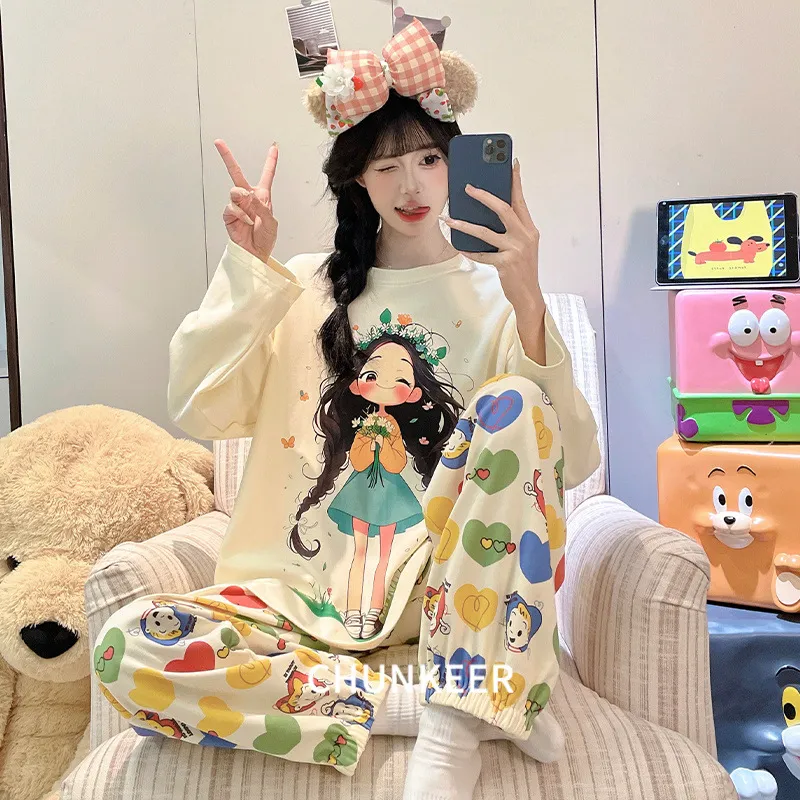 卡通宽松新款睡衣女秋可外穿可爱百搭圆领针织仿棉秋冬家居服套装