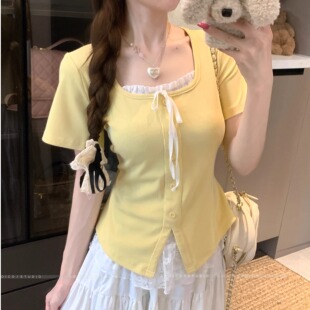 上衣2025新款 漂亮蝴蝶结短袖 胖mm纯欲风蕾丝假两件t恤女夏季 大码