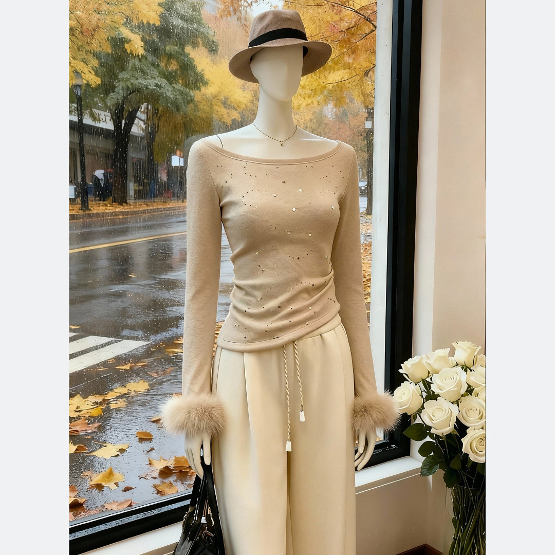 秋冬修身显瘦毛毛袖拼接法式温柔风斜肩亮片长袖T恤女打底衫上衣,女装/女士精品,T恤,淘宝优惠券,粉丝福利购,淘宝优惠卷