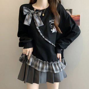 大码女装遮肚子蝴蝶结格纹拼接长袖卫衣女胖MM宽松显瘦荷叶边上衣