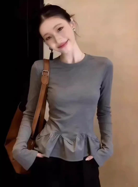 灰色长袖t恤女收腰显瘦荷叶边下摆简约百搭上衣2026春季新款女装