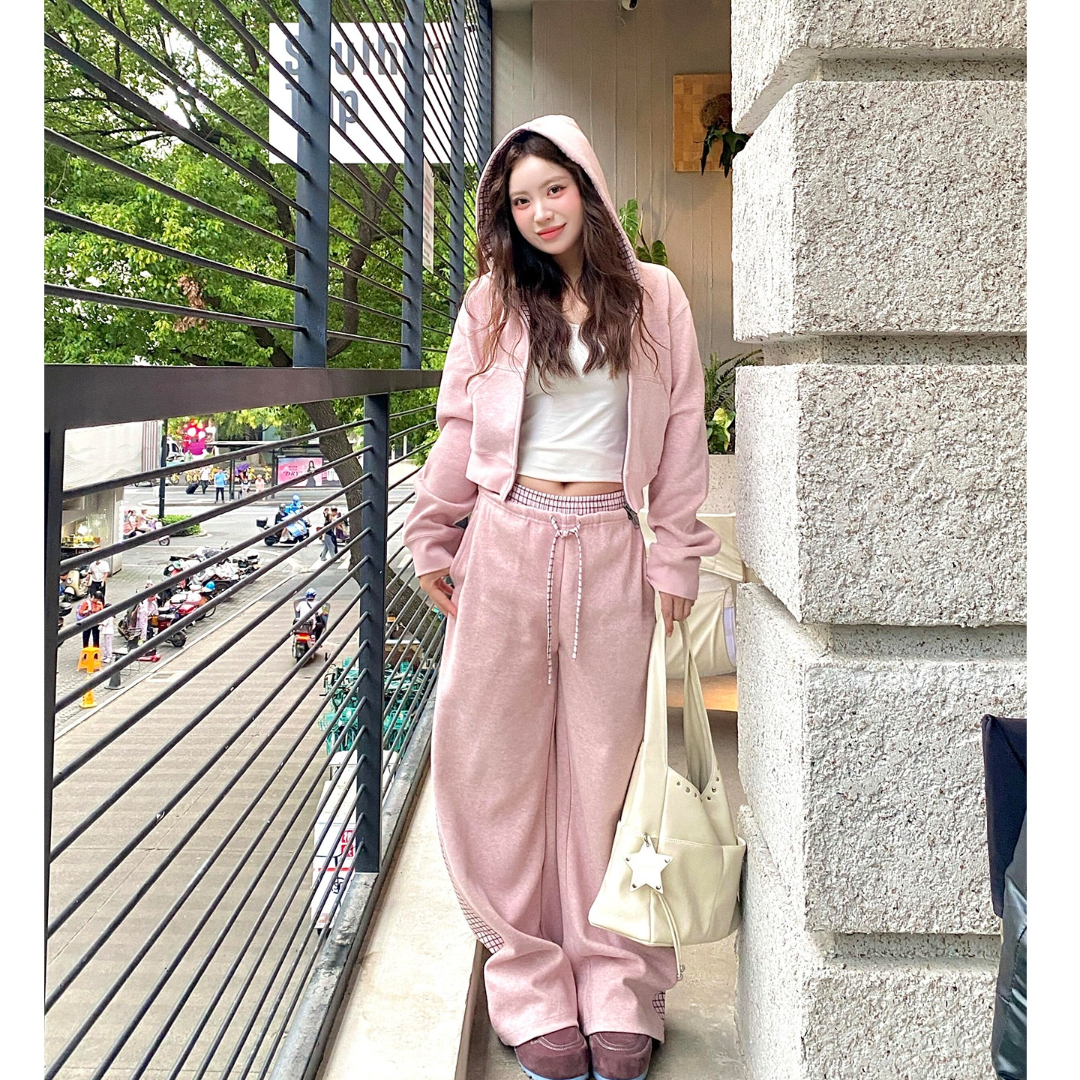 时尚连帽卫衣抽绳阔腿裤两件套女