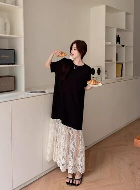 独特蕾丝拼接短袖连衣裙女夏季2025新款宽松显瘦假两件长裙t恤裙