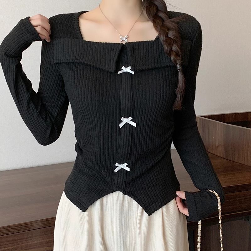 秋季长袖t恤女蝴蝶结不规则上衣